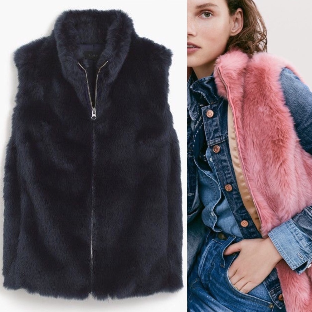 J. Crew Faux Fur Vest Jacket Navy Blue Size XXS Chic Winter Layering Piece